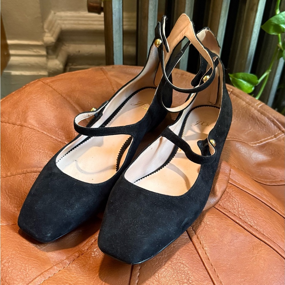 J. Crew Black Flats with Ankle Straps and Classic Design